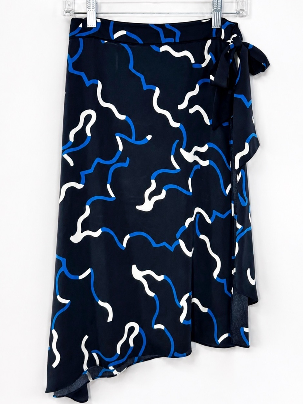 Diane von Furstenberg Silk Abstract Print Faux Wrap Skirt Black Blue White